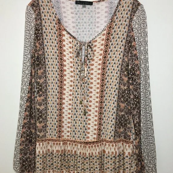 Rose Olive M Peasant Top Boho Ruffled Hem Ivory Rust Brown Stretch Knit Bust36.5 - Picture 13 of 13